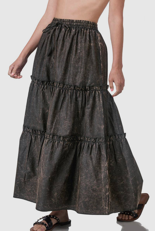 Acid Wash Drawstring Waist Tiered Ruffle